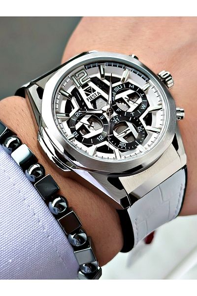 Fiesta Black Color Function Steel Case Sport Leather Silicone Men Wrist Watch + Bracelet