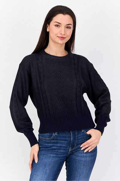 Esprit Women Round Neck Textured Long Sleeves Crop Sweatshirt, Navy