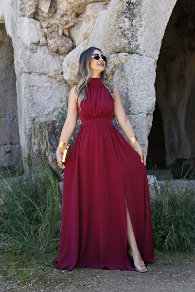 bytugcekaya Burgundy Halter Neck Dress