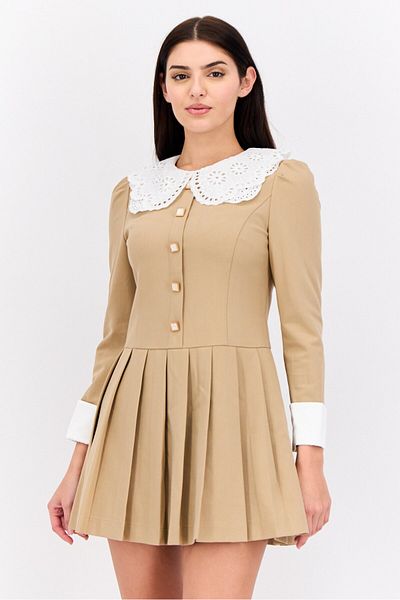 Steve Madden Women Peter Pan Pleated Mini Dress, Dark Beige
