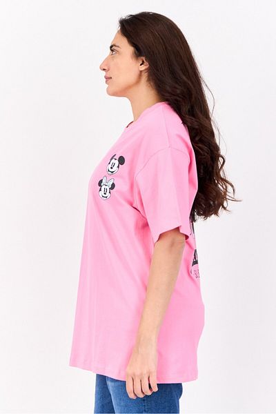 Disney Women Crew Neck Short Sleeves Mickey And Mice Print T-Shirt, Pink