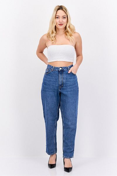 Monki Women Regular Fit High Waist Balloon Leg Washed Denim, Blue