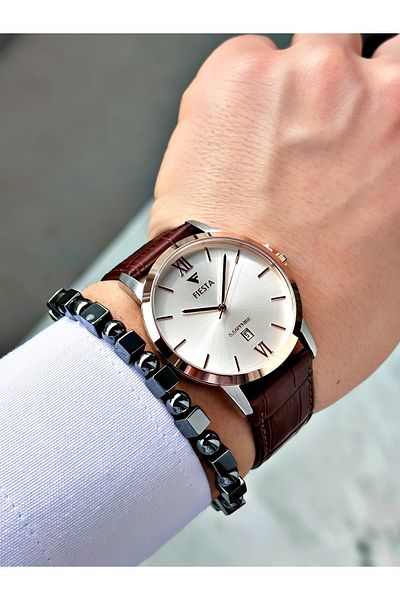Fiesta Coffee Color Roman Numeral Steel Case Business Men's Wrist Watch + Bracelet