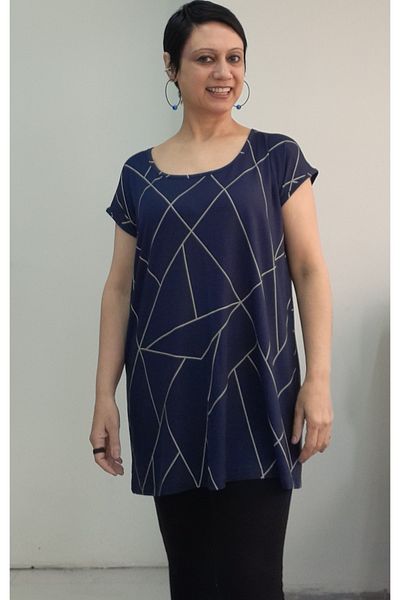Mertcan Butik Navy Blue Print Size Whole Incoming Low Arm Combed Viscose T-Shirt