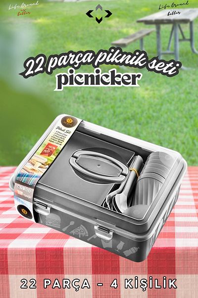 LİGROUND M-Picnicker 4 Person 22 Piece Picnic Set Camping Picnic Dinner Set Plastic Picnic Set Basket