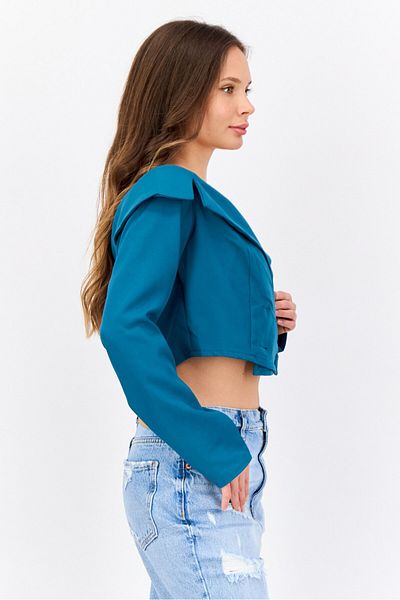 Saint Genies Women Regular Fit Solid Semi Formal Cropped Blazer, Teal Blue