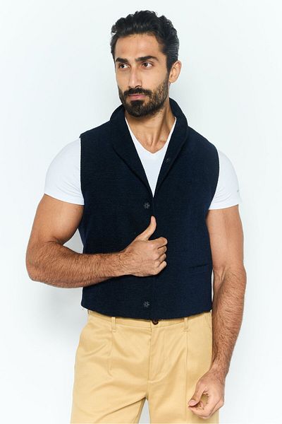 Emporio Armani Men Regular Fit Textured Sleeveless Waistcoat, Navy
