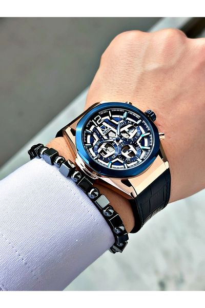 Fiesta Black Color Function Steel Case Sport Leather Silicone Men Wrist Watch + Bracelet