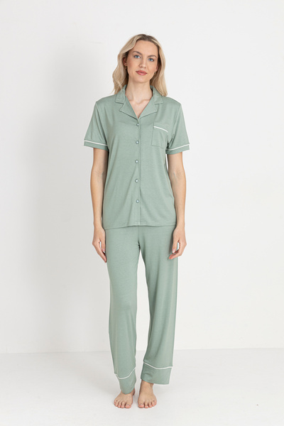 TURAY Massion Lairy Buttoned Short Sleeve Women's Green Pajama Set