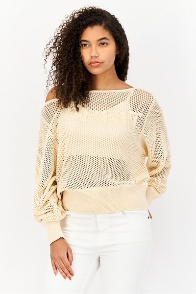 Esprit Women Asymmetrical Crochet Sweater, Beige