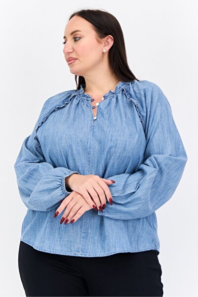 Nautica بلوزة نسائية من قماش شامبراي بأكمام طويلة وياقة مكشكشة، لون أزرق مغسول