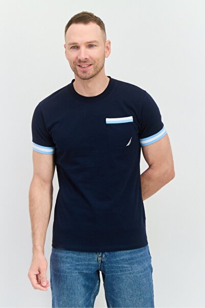 Nautica تيشيرت رجالي برقبة دائرية وأكمام قصيرة وجيب على الصدر، أزرق داكن