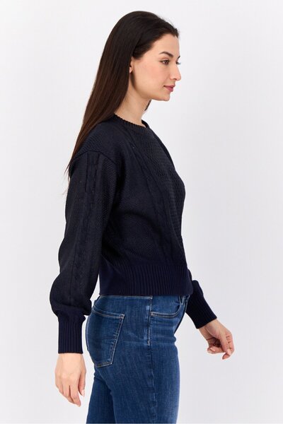 Esprit Women Round Neck Textured Long Sleeves Crop Sweatshirt, Navy