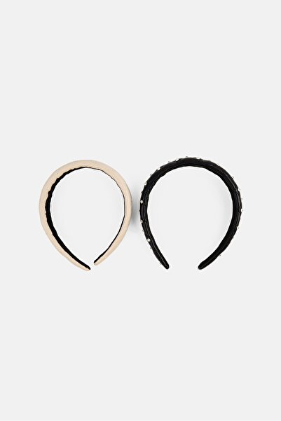 French Connection طقم عصابة رأس نسائية مبطنة ومرصعة بأحجار الراين، قطعتين، أسود/كريمي