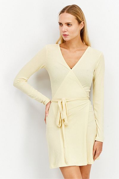 NA-KD Women Overlap Tie Ribbed Mini Dress, Yellow
