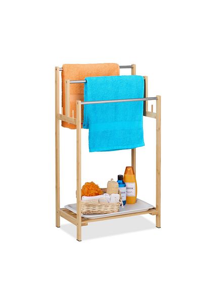 Relaxdays Towel Rack, Shelf With Tray, 3 Bars, 4 Side Hooks, Made Of Bamboo, 90 X 51 X 30.5 Cm