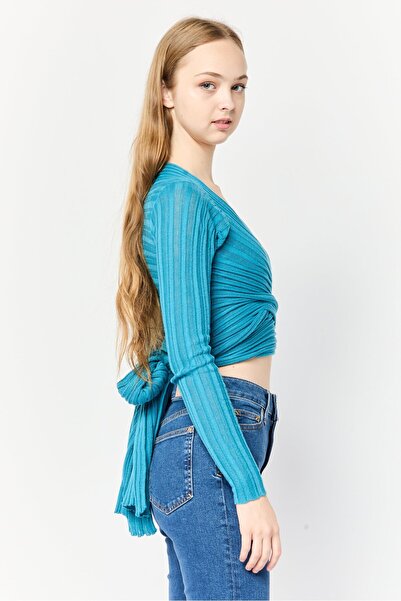 collusion Women Split Neck Knitted Wrap Cardigan, Mid Blue