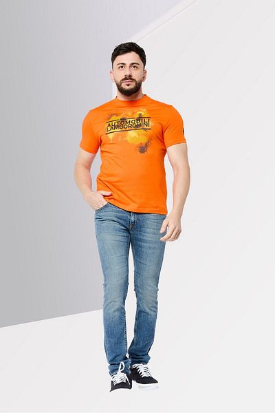 Lamborghini Men Crew Neck Short Sleeves Graphic Print T-Shirt, Orange