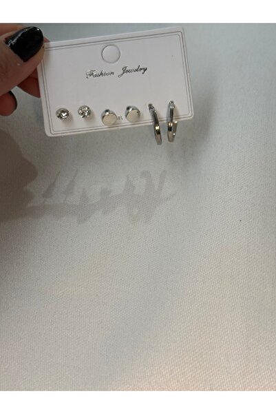 Lumina Jewelry Gümüş Renk 3 lü Minimal Küpe Seti Taşlı, Düz ve Halka Model (Çelik Değildir)