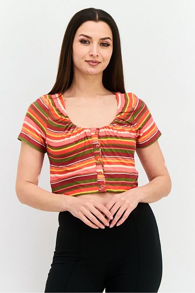 Bcbgeneration Women Scoop Neck Short Sleeves Stripe Crop Top, Pink