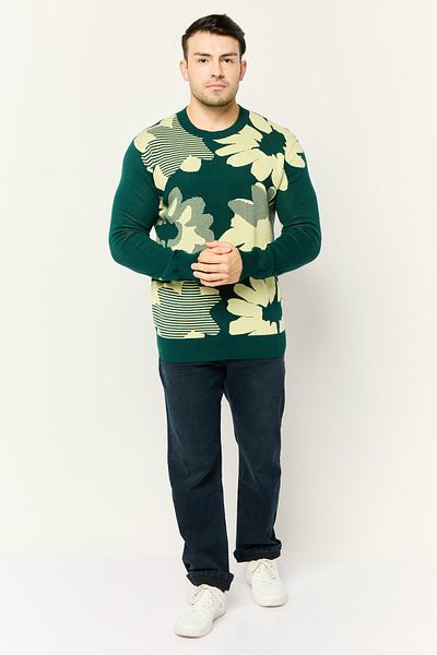Esprit Men Jacquard Floral Knitted Sweater, Dark Green