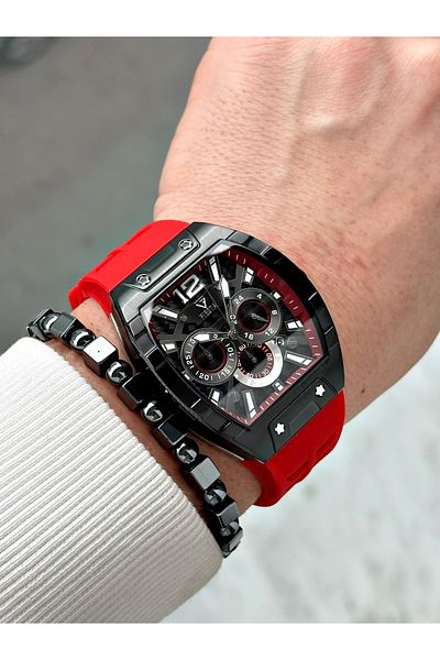 Fiesta Red Color Silicone Function Steel Case Business Men's Wrist Watch + Bracelet