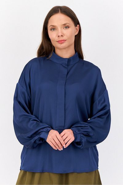 Esprit Women Mandarin Collar Long Sleeve Solid Satin Shirts, Navy Blue