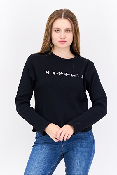 Nautica بلوزة نسائية برقبة دائرية وأكمام طويلة مطرزة بشعار، لون أسود