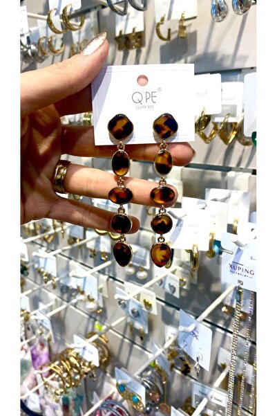 Lilyum Aksesuar Leopar Desenli Kahverengi Gold Sarı Altın Renk Uzun Küpe