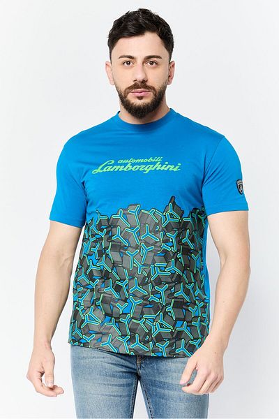 Lamborghini Men Crew Neck Allover Print T-shirt, Blue