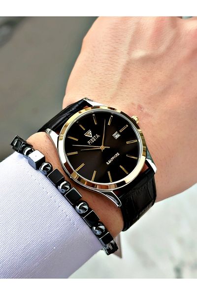Fiesta Black Color Classic Plain Model Steel Case Men's Wristwatch + Bracelet