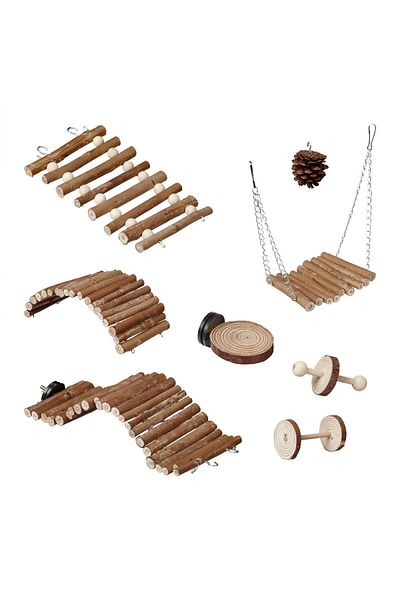Relaxdays Parrot toy set, 8 pieces, natural wood, brown