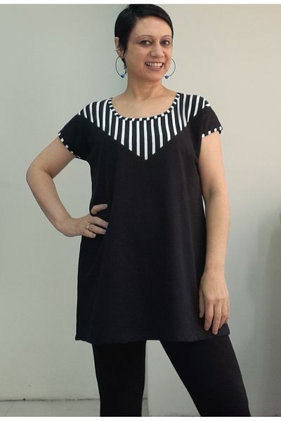 Mertcan Butik Black Hollow Neckline Front Black and White Garnish Size with the Whole Coming Low Arm Combed Viscose T-Shirt