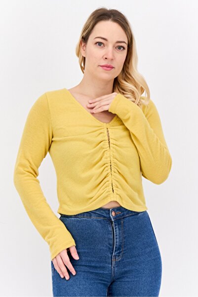 Poof Women Crew Neck Long Sleeves Plain Top, Yellow