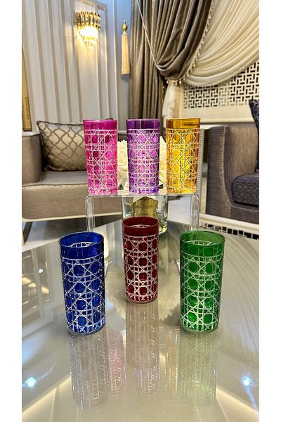 Vakıf home 6 Pieces Colorful Honeycomb Model Cutting Handcrafted Soft Drink Coffee Side Water Glass