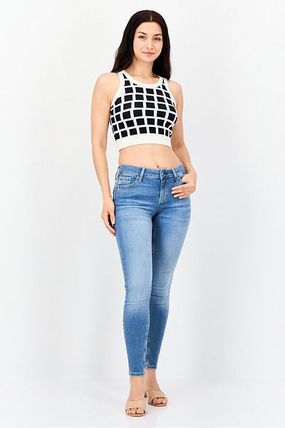 Esprit Women Round Neck Sleeveless Windowpane Pattern Cropped Top, Multicolor