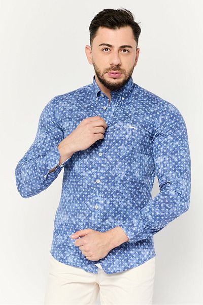 Harmont & Blaine Men Narrow Fit Chambray Print Long Sleeves Casual Shirt, Blue
