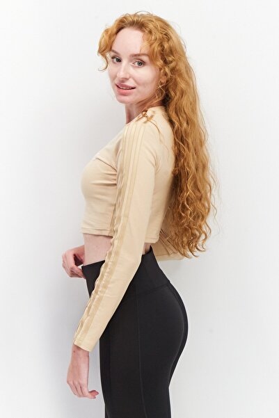 adidas Women Relaxed Fit Long Sleeve Training Crop Top, Beige Combo