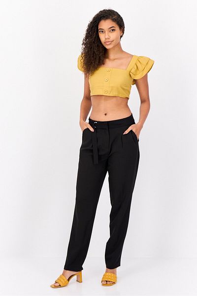 DeFacto Women Square Neck Short Sleeve Solid Blouse, Yellow