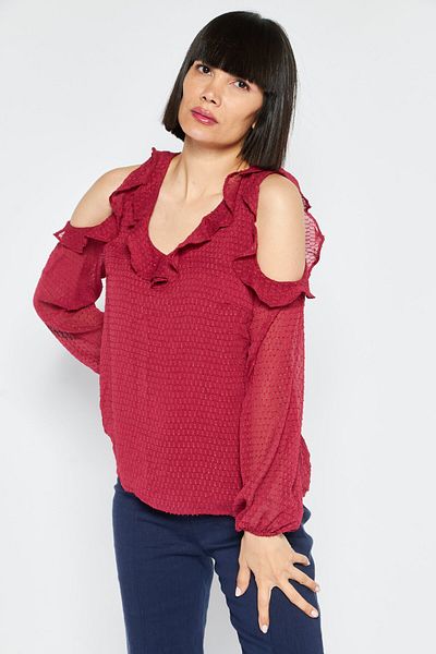 CECE Women V-neck Cold Shoulder Sheer Lined Blouse, Red