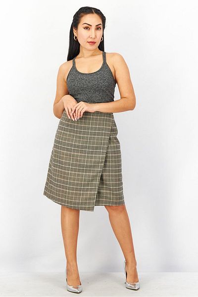 French Connection Women Plaid Wrap Mini Skirt, Grey