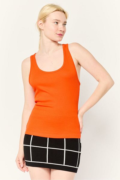 Esprit Women Scoop Neck Sleeveless Ribbed Tank Top, Dark Orange
