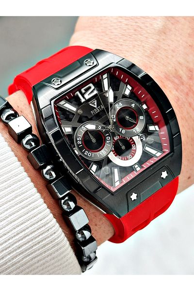 Fiesta Red Color Silicone Function Steel Case Business Men's Wrist Watch + Bracelet