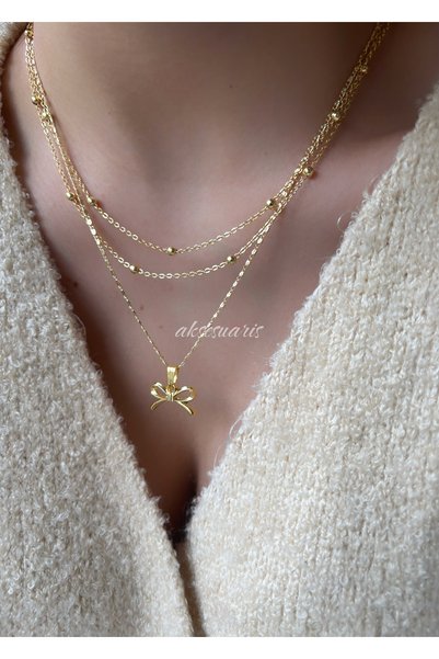 aksesuaris Set of 3 Gold Chain Ribbon Necklace