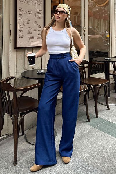 Swist Navy Blue Double Button Pleated Women's Palazzo Linen Trousers