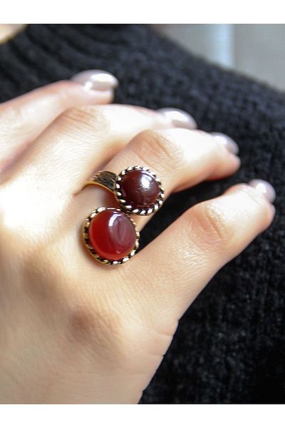 esha Natural Stone Double Agate Natural Stone Adjustable Women's Ring Euy56A