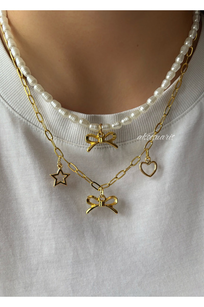 aksesuaris 2'li İnci Kurdele Gold Charm Kalp Yıldız Kadın Kolye Set