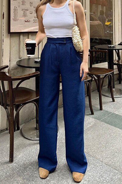 Swist Navy Blue Double Button Pleated Women's Palazzo Linen Trousers