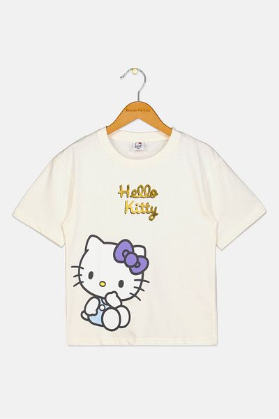 Hello Kitty Kids Girl Crew Neck Short Sleeves Kitty Print Top, Off White