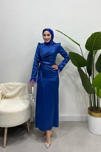 Tarzım Tuba Satin Evening Dress - Tassel Sleeve and Side Tie, Sax Blue